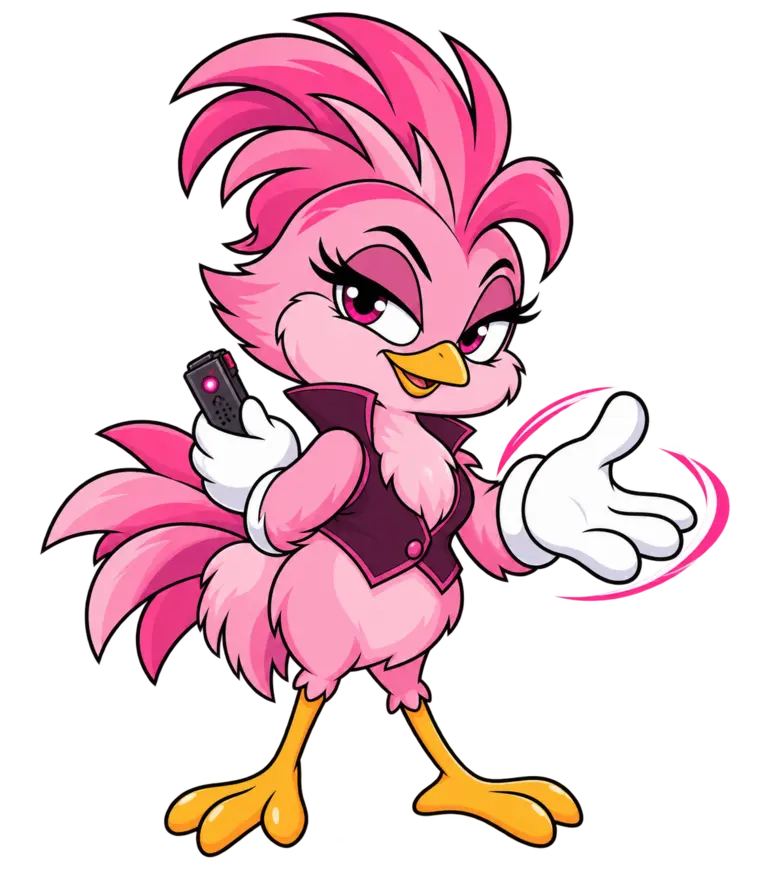 Pink Chick holding a hidden recorder and extending a white-gloved hand